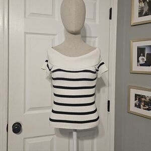 Pink Rose Off-the-Shoulder Sweater in White and Navy